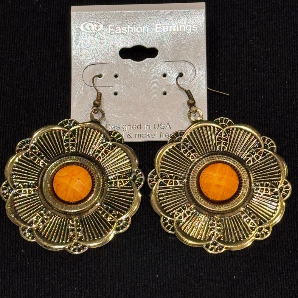 NT Fashion Earrings Intricate Antiqued Gold and Orange 2.75 inch